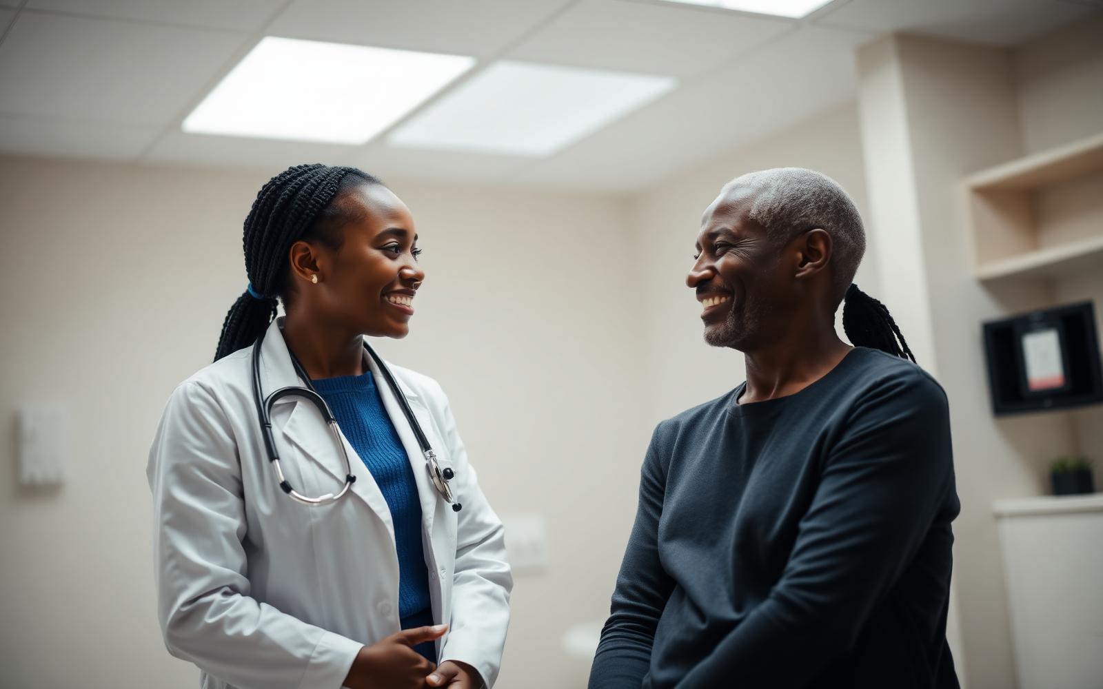 Nigerian doctor consulting an adult patient in a modern clinic