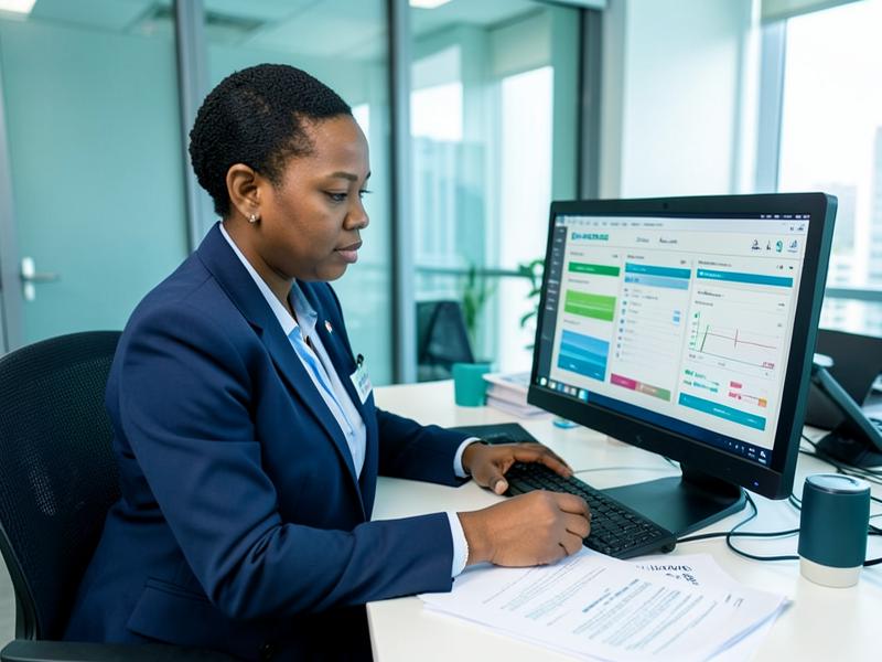 Healthcare administrator reviewing dashboards on a computer