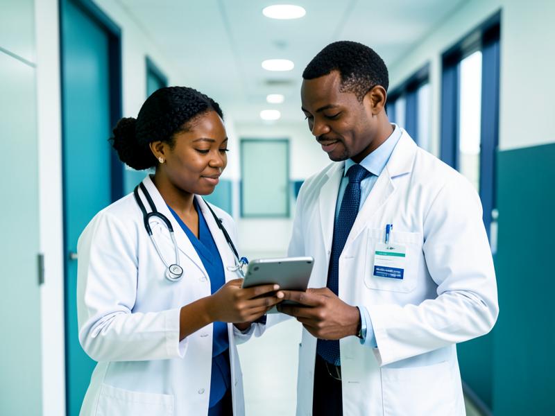 Nigerian doctor and nurse reviewing a tablet together