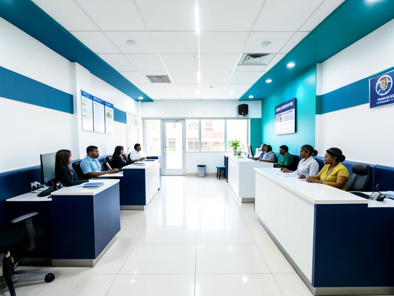 Modern Nigerian hospital reception with staff at work