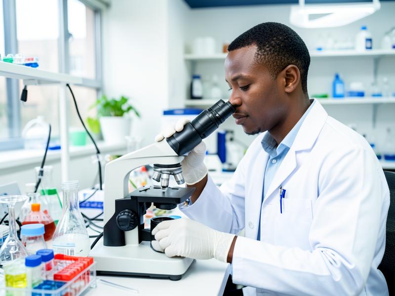 Nigerian lab scientist analyzing samples with a microscope