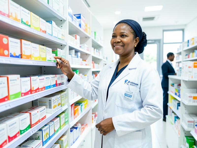 Nigerian pharmacist checking medicine shelves